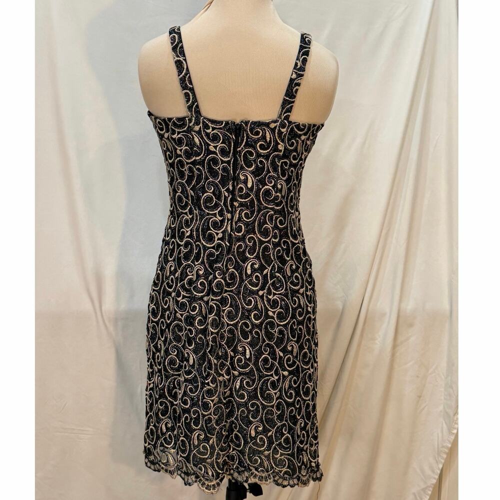Vintage Poly Black Gold Embroidered Glitter Mesh Cocktail Mini Dress S - Picture 2 of 7